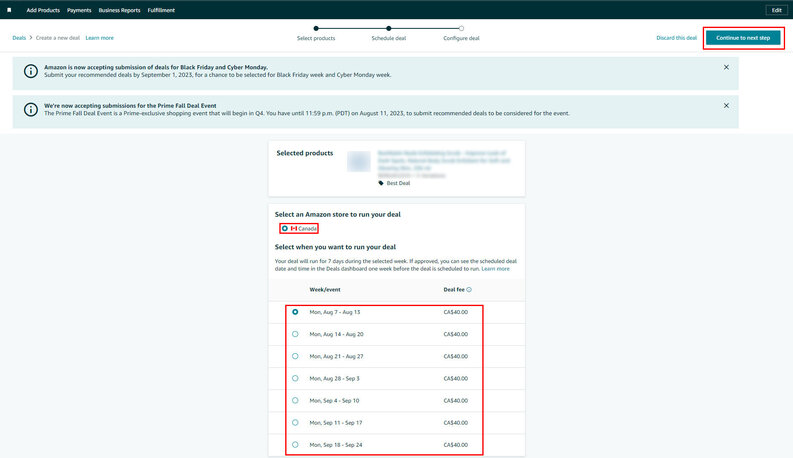 Amazon Seller Central - Deals - Select Store - Schedule - Fees - Best Deal