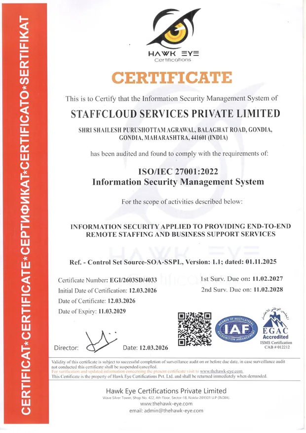 The ISO/IEC 27001:2022 certificate issued to StaffCloud Services Private Limited