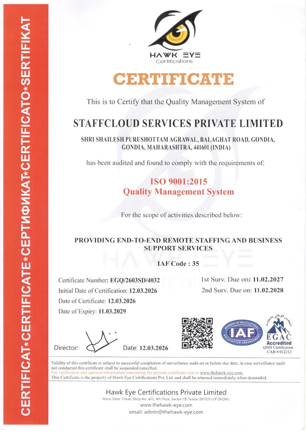 The ISO 9001:2015 certificate issued to StaffCloud Services Private Limited