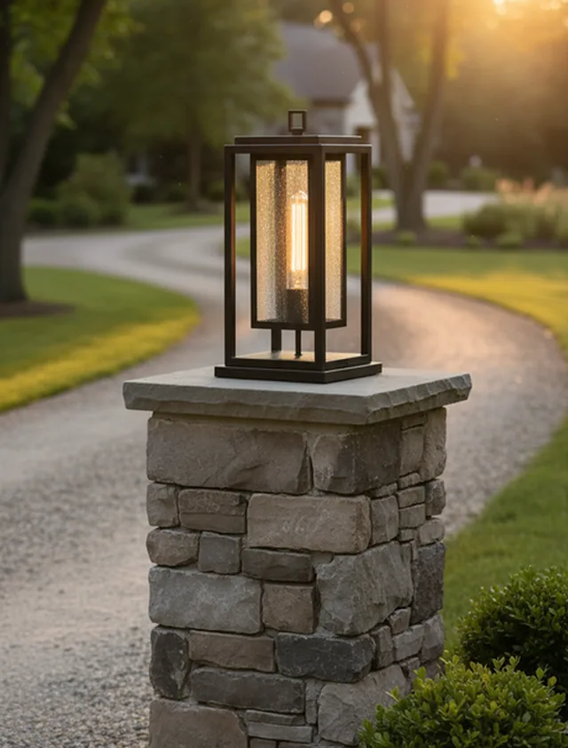 The same lantern on a generated stone gatepost at sunset
